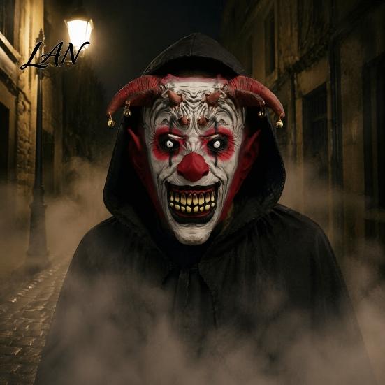 Spooky Devil Horn Costume Mask Halloween Scary Horns Mask, with Bell Decor, Breathable Comfortable Creepy Clown Bells Latex Headgear, for Adult