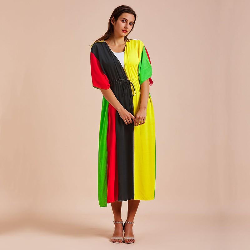 EDOLYNSA Casual Blue Embroidered Long Kimono Cardigan Bikini Cover Up Wrap Dress Beachwear Swimwear Cover Up Q1489
