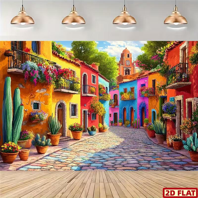 Colorful Mexican Village Tapestry, Bright Street with Cacti & Flowers Background Cloth, Home Decor