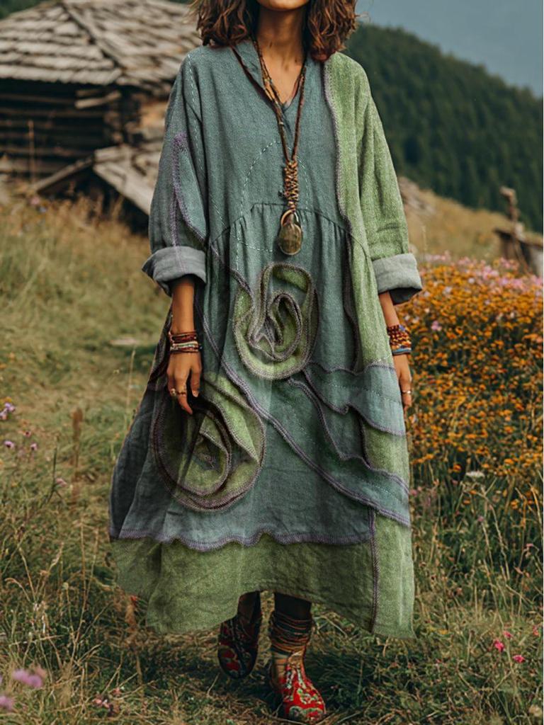 Retro Böhmisches V-Ausschnitt Ethnisches Stil Kleid - Europäischer & Amerikanischer Lässiger Lockerer Schnitt