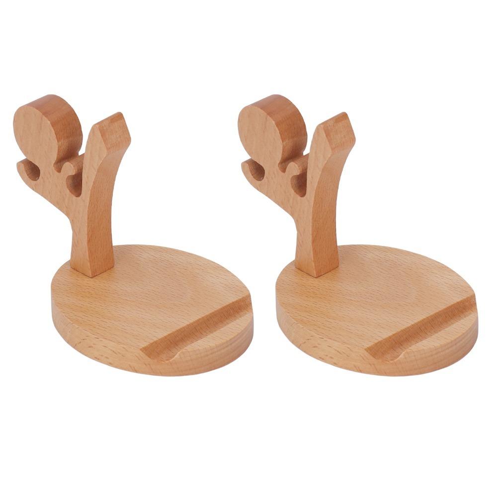 2SETS Wood Smartphone Stand Desktop Cellphone Holder Stands Wooden Phone Holder House Ornament