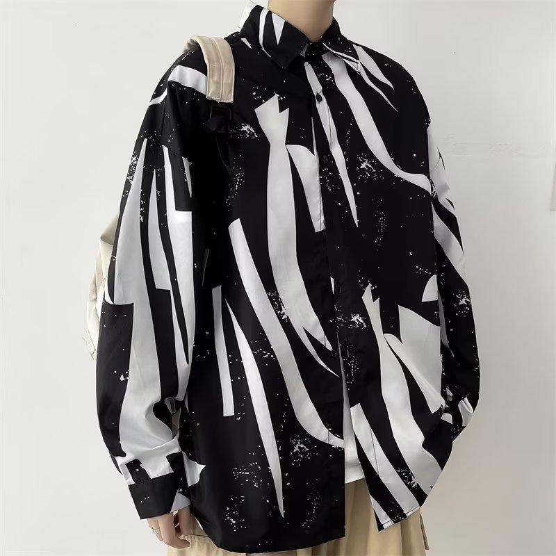 Autumn Retro Buckle New Chinese Style Stand Collar Shirt Men's Niche Graffiti Printing Design Sense Ruan Handsome Top