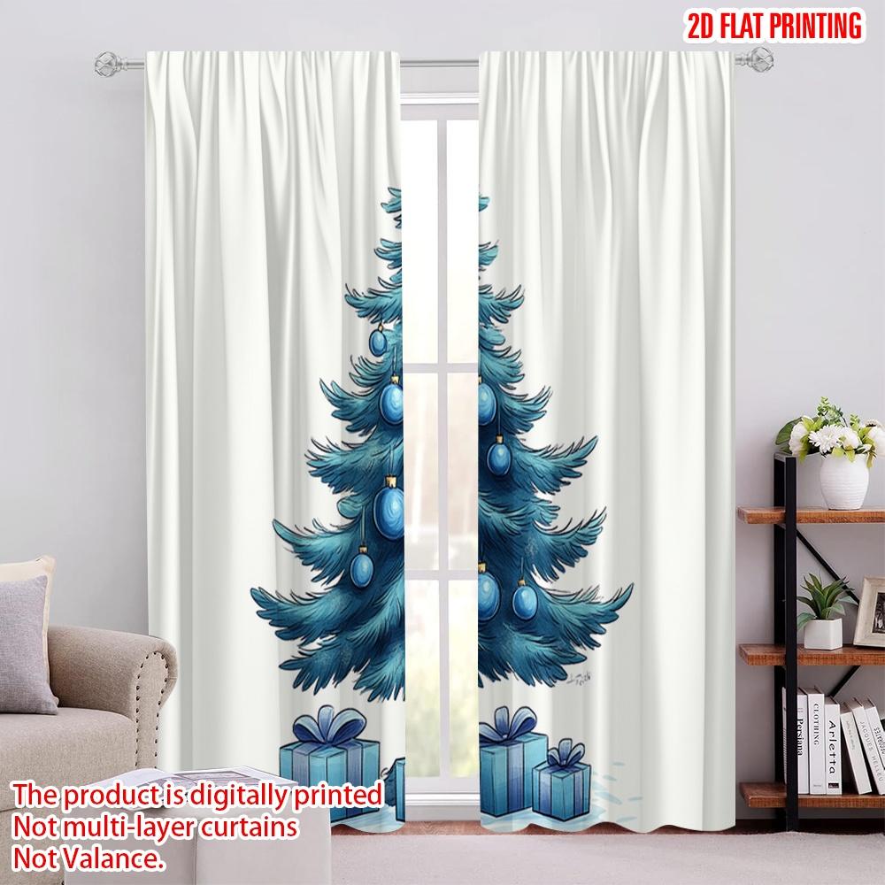 2pcs,2D Plane Printing Curtains Roller Blinds Blue Christmas Tree Gifts (3) Polyester Fabric (without Rod) Decorations Outdoor