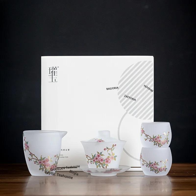 Jade Peach And Plum Glass Teacomplete Ancient Ceremony Set Household Teapot And Tea Cup Set Chinese Collection