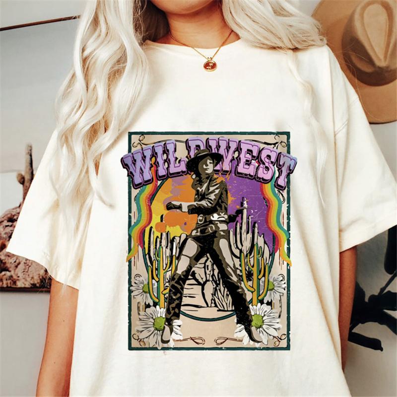 Western Denim Print T-shirt Plus Size Women Pure White Clothing Casual Trendy Short Sleeve Female O-Neck Oversize Tees