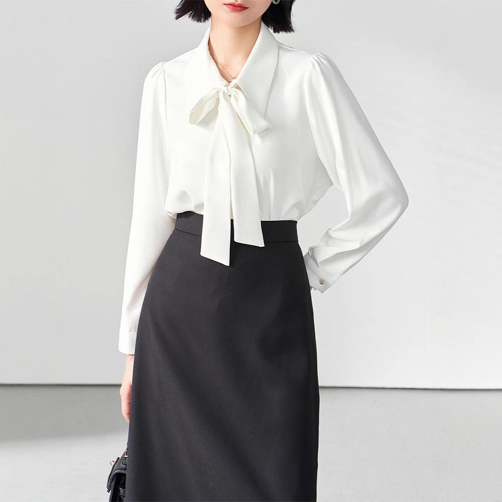 French Style White Butterfly Tie Blouse With Detachable Sash For Elegant Workwear