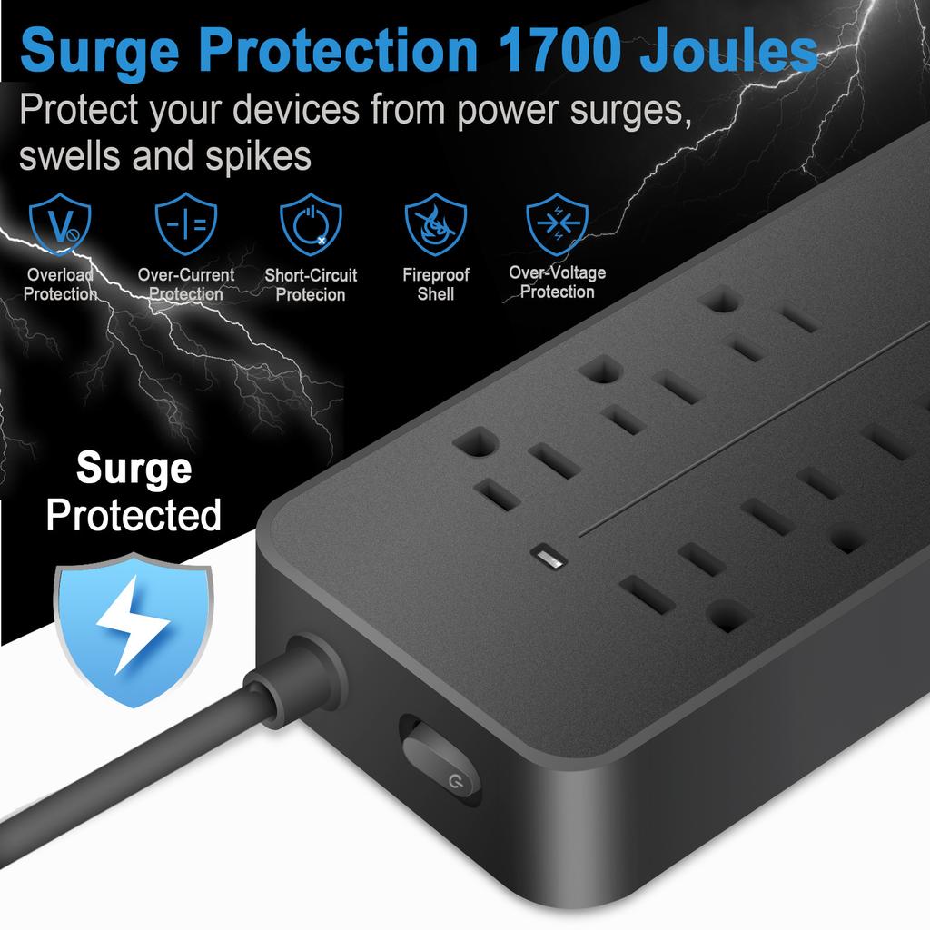 Fast Charge Power Strip, 4 Outlets & 4 USB (2 Type-C) with 10ft Extension Cord & Surge Protection for Multiple Devices