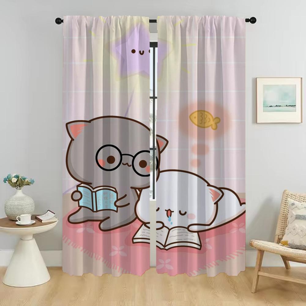 Kitchen Curtains for Camera Peach Mochi Cat Elegant Room Curtains 2 Pieces Tulle for Bedroom Living Room Curtain Shades Blackout