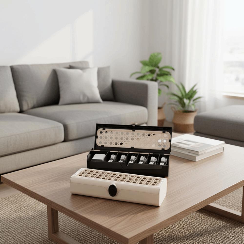 Plastic Date Cable Storage Box Rattan Weave Style Charging Cord Management Case  Office