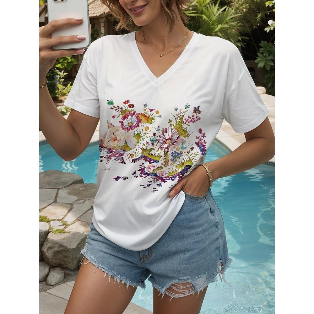 New Women T-shirt Simple Graphic Print Oversized Women's Trending Clothing Fashion Short Sleeve Shirt Women V-Neck Blouse 2025