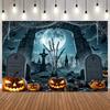 Halloween Full Moon Night Background Photography Gothic Tombstone Zombie Hand Pumpkin Lantern Spider Web Skull Photo Backdrop23