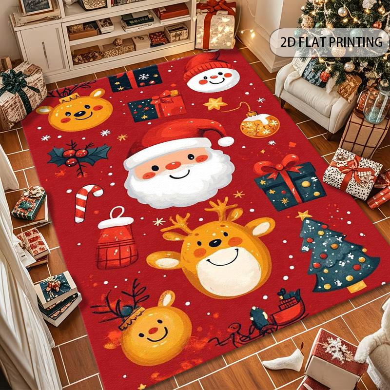 Trendy Christmas Reindeer Snowflake Plaid Print Rug Home Decor Floor Mat for Living Room Bedroom Holiday Party Decoration Carpet