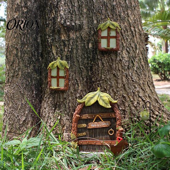 Glow In The Dark Tree Decorations 1 Set Fairy Door Windows And Lamp, Garden Accessories, Miniature Retro Yard Sculptures Gnome House for Decoration