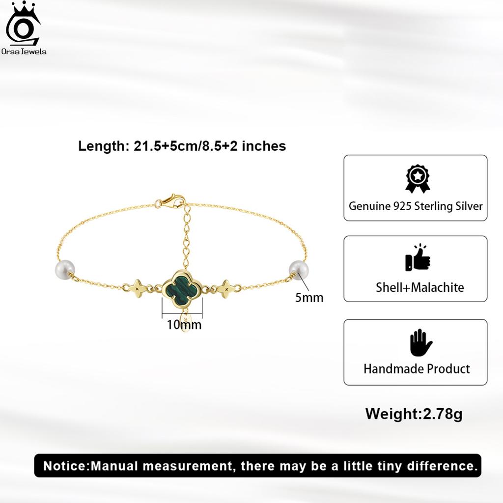 ORSA JEWELS 925 Silver Shell Pearl Strand Anklet and Green Malachite Ornament Four Leaf Clover Design Summer Gift GMA05