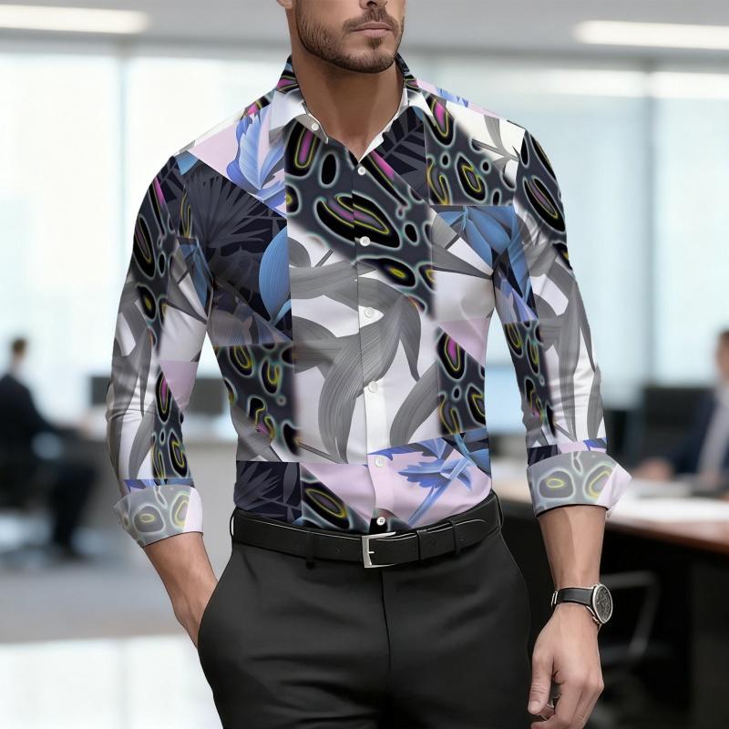 Men's Shirt, Ethnic Style Diamond Shaped Geometric Printed Long Sleeved Shirt, Business Casual Spring and Autumn Collar Shirt