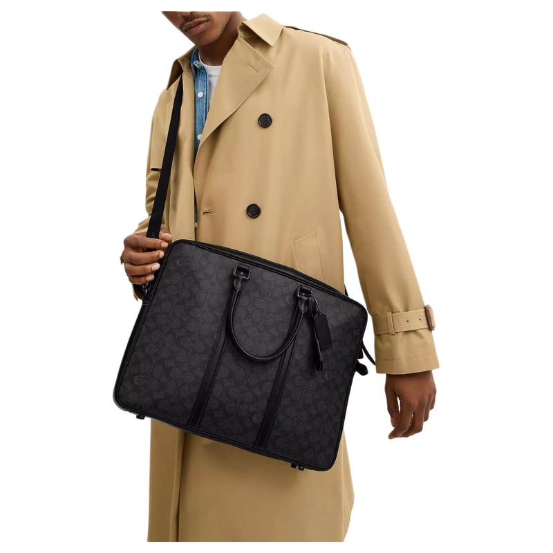 Coach 40 Zipper Closure Brand Print Coated Canvas Laptop Bag Large Size Women's Charcoal