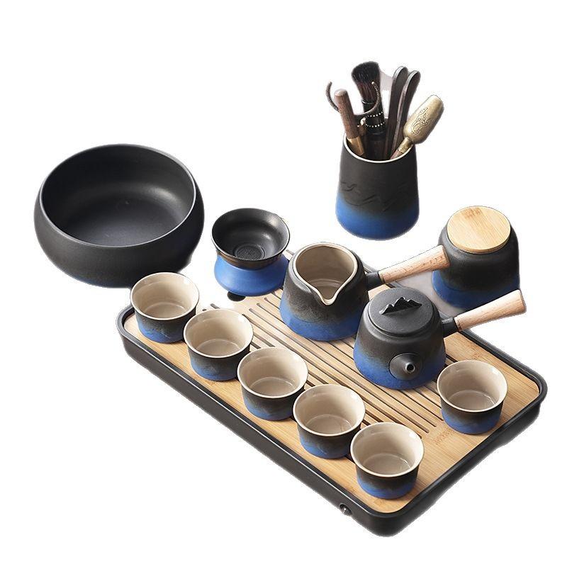 Light luxury high-end full set of ceramic coarse pottery gradual change kung fu tea set side handle pot set home office gift set