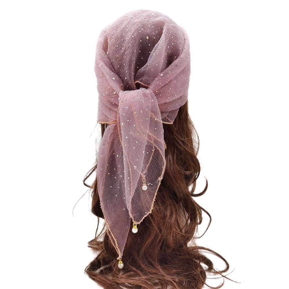 Fashion Pearl Tassel Diamond Hijab Rhinestone Square Pearl Tassel Scarf Full Sky Thin Veil Veil Bandana Women Headwear