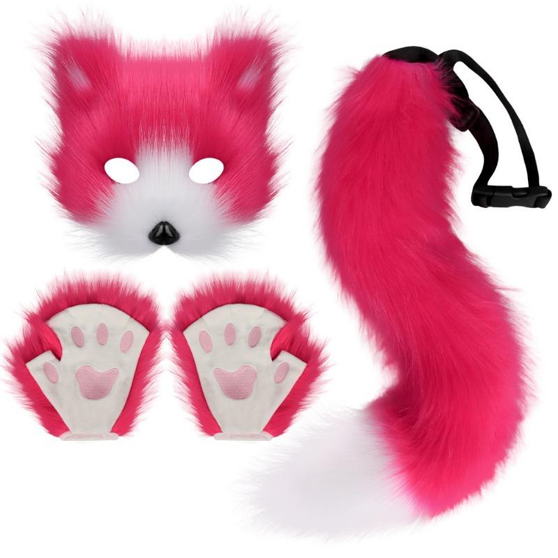 Halloween Set, Simulated Fox Mask Gloves, Plush Fox Tail, Handmade Beast Tail Cos Prop Accessories.