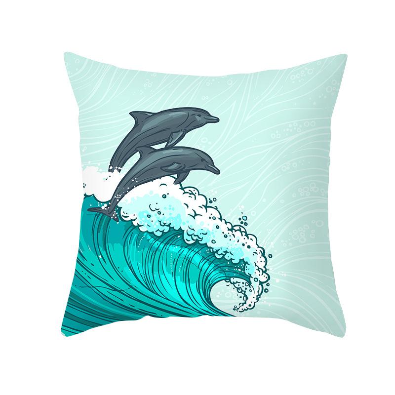 Simple Nordic Style Pillowcase Blue Wave Dolphin Office Sofa Printed Cushion Pillowcase Home