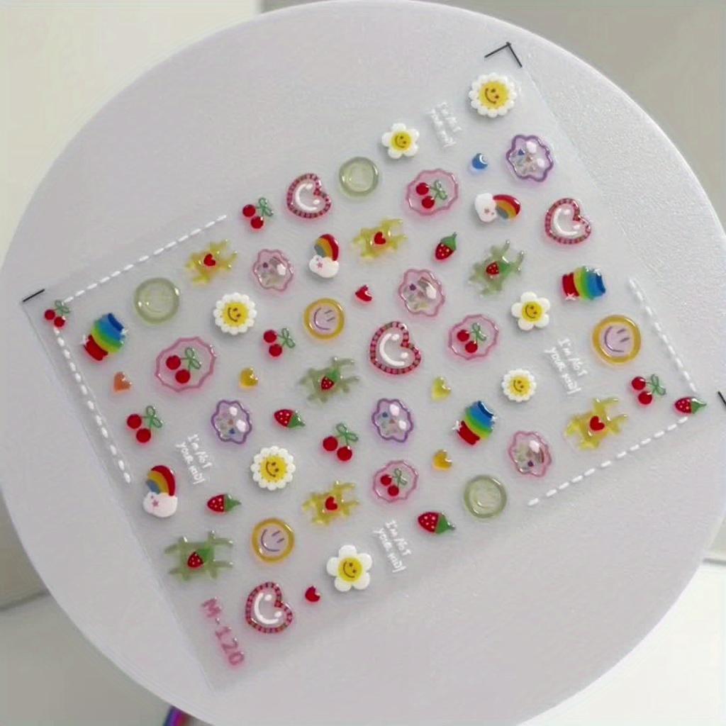 Summer Dopamine 3D Jelly Glue Nail Art Stickers, Cartoon Patterns with Heart, Cherry, Sunflower, Plastic Self-Adhesive for DIY Manicure