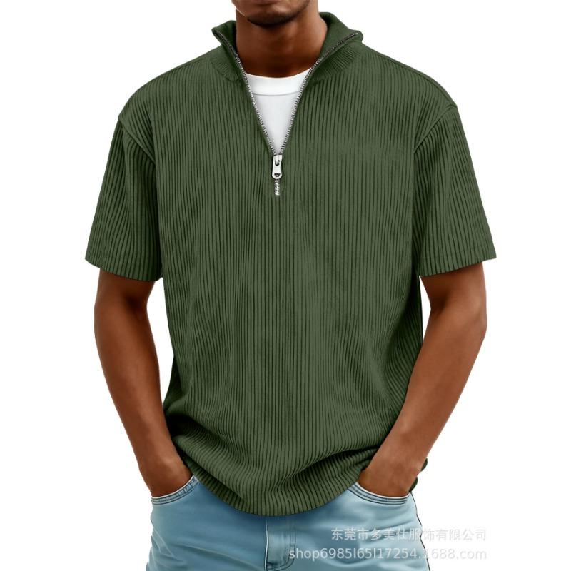 Summer New Men's Solid Color Zipper Striped Casual Short Sleeve T-Shirt