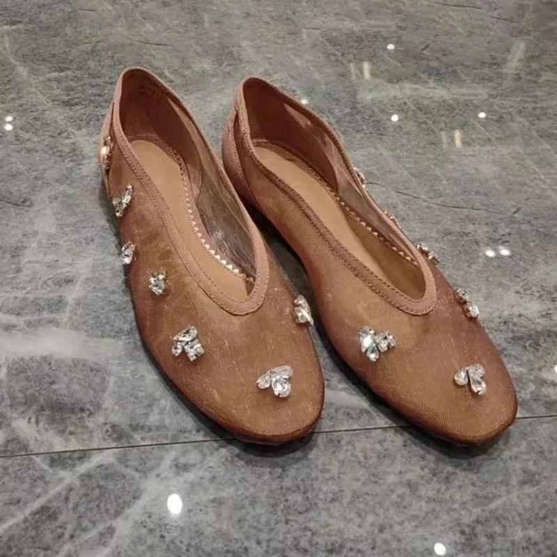 Fashion French Rhinestone Shallow Mouth Floral Mary Jane Shoes Silver 2025 Flat New Square Toe Single