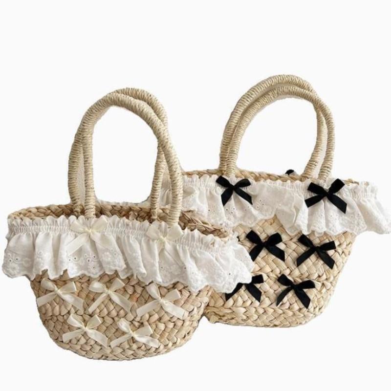 Holiday Sweet Straw Beach Bag Women Vintage Handle Lace Bow Chic Hand Bag Female Harajuku Aesthetic Weaving Bags