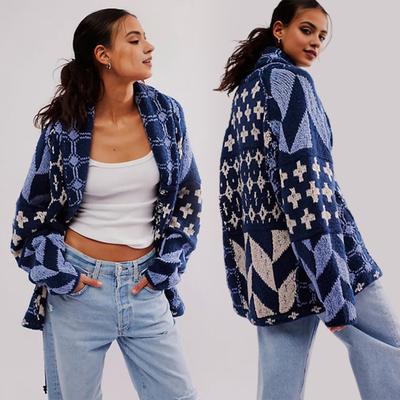 Cardigan Sweater with Adjustable Drawstring Hem Lapel Long Sleeve Graphic Print Loose Fit Oversized Shawl Cardigan