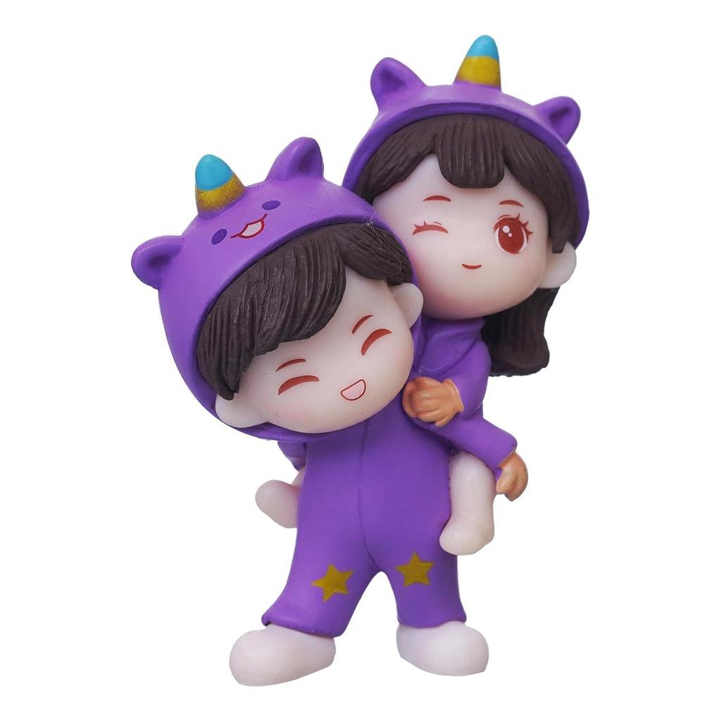 Purple Miniature Cute Couple Statue Girl On Boy's Shoulder Decorative Showpiece - Valentine Gift for Girlfriend, Boyfriend, Husband, Wife (Polyresin)