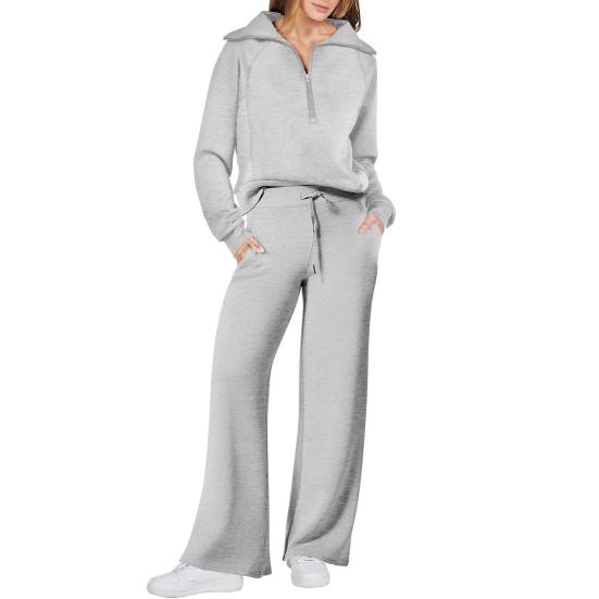 Women 2 Pcs/Set Coat Pants Set Stand Collar Long Sleeve Zip-up Elastic Cuff Jacket Drawstring Stretchy High Waist Wide Leg Trousers Sport Tracksuit