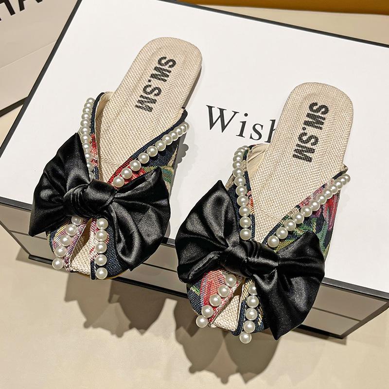 Fashion Summer New Baotou Slippers Womenr 2025 Flat Bottom Bow Soft Bottom Cool Slippers Fashion Women Shoes Home-based Slipper