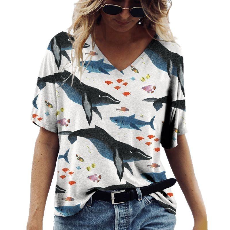 Summer V-neck 3D Ocean Printed Top Fashionable Casual Short Sleeved Women's T-shirts