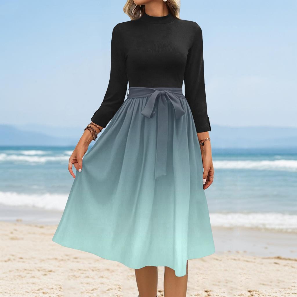 Women's Fashion Casual Belt Seven Sleeve Round Neck Gradient Temperament Dresses