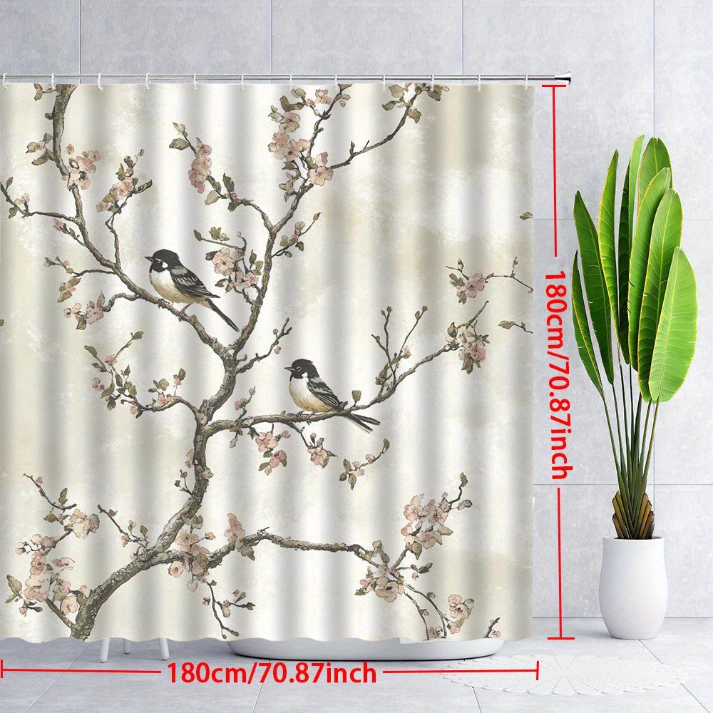 1pc Black-and-White Sparrows & Pink Blossoms Shower Curtain - Two Sparrows on Delicate Branch, Soft Pink Flowers