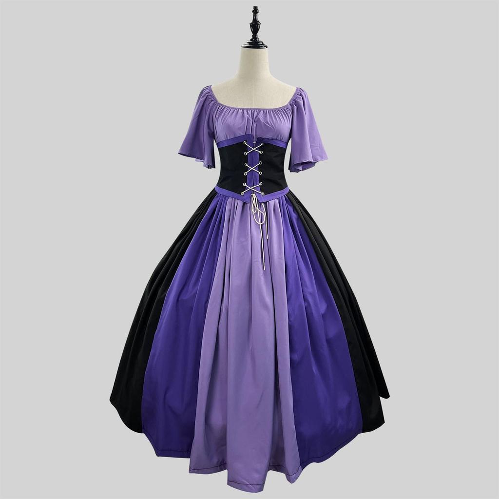 Medieval Retro Color Block Off-Shoulder Slim Fit Dress with Fly Sleeves and Big Swing Skirt - Women's Cosplay Costume