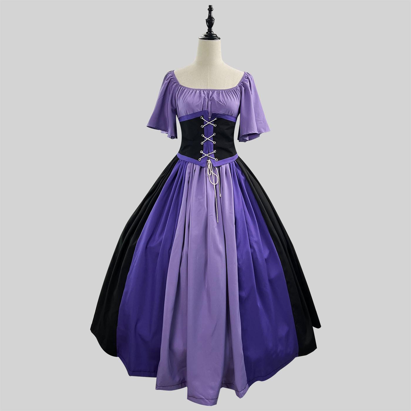 

Средневековое ретро платье с цветными блоками, открытыми плечами, приталенного силуэта, с рукавами-крылышками и пышной юбкой - Женский костюм для косплея XXXL фиолетовый