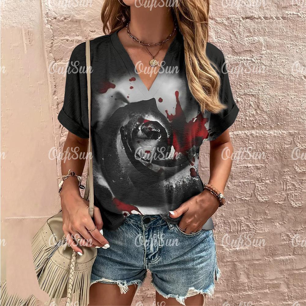 Sommer Damen T-Shirt Rosenblumen-Druck Lässig Kurzarm 3D T-Shirts Mode Streetwear V-Ausschnitt Damen Übergröße Kleidung