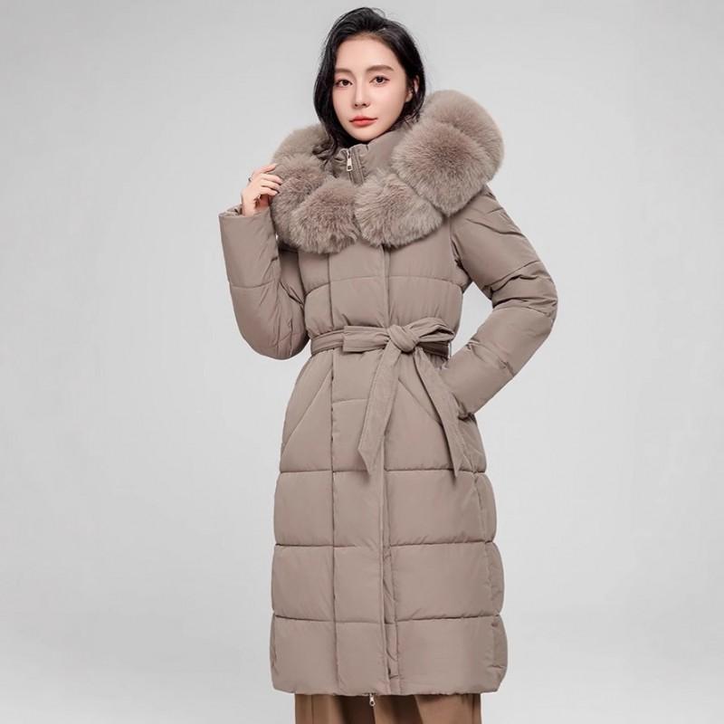 Womens Long Puffer Coat With Faux Fur Collar Hooded Winter Warm Cotton-Padded Overcoat Slim Fit Knee-Length