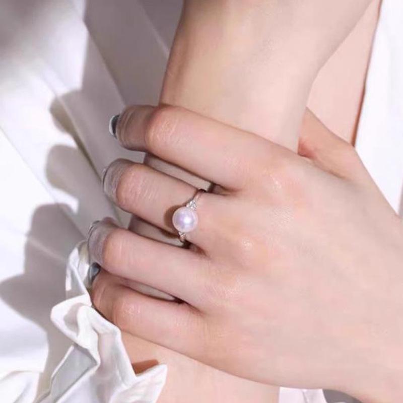 Elegant Crown Pearl Ring with Three Diamonds (9-10mm) 9-10mm Nearly Round Strong Luster Slightly Flawed