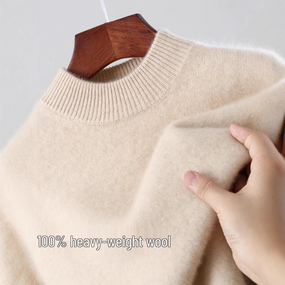 Men's 100% Pure Wool Half-High Collar Thick Knit Pullover Sweater