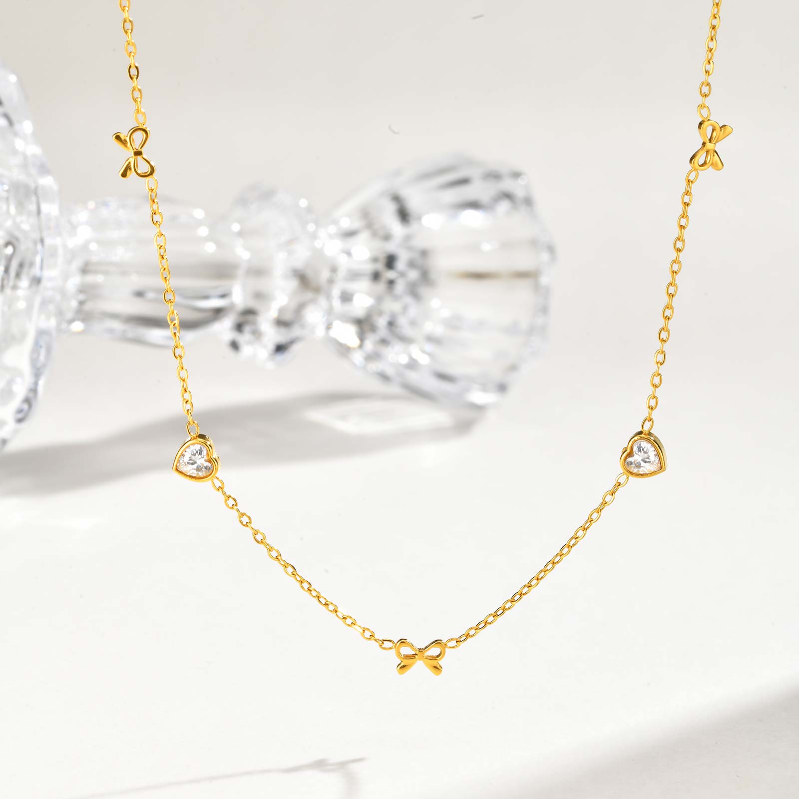 

Stainless Steel Heart-shaped White Zircon Necklace,Gold Color Cherry Bowknot Drop Necklaces for Women,Trendy Charm Jewelry Gift