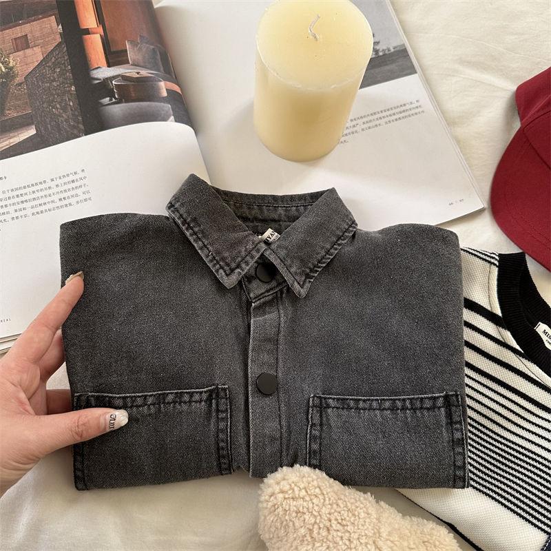 Boys' Spring/Autumn Long-Sleeved Denim Shirt, Medium-Small Size, Solid Color, Stylish Single-Breasted Casual Top