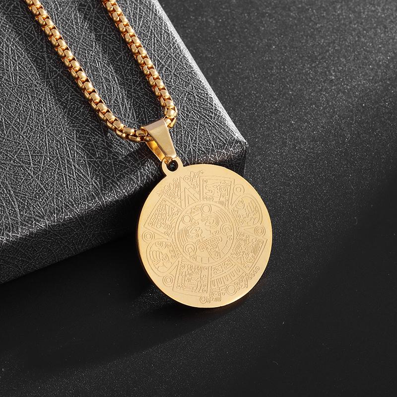 Retro aztécký mayský kalendář přívěsek božský zvířecí náhrdelník pánský nerezová ocel amulet kulatá mince šperk