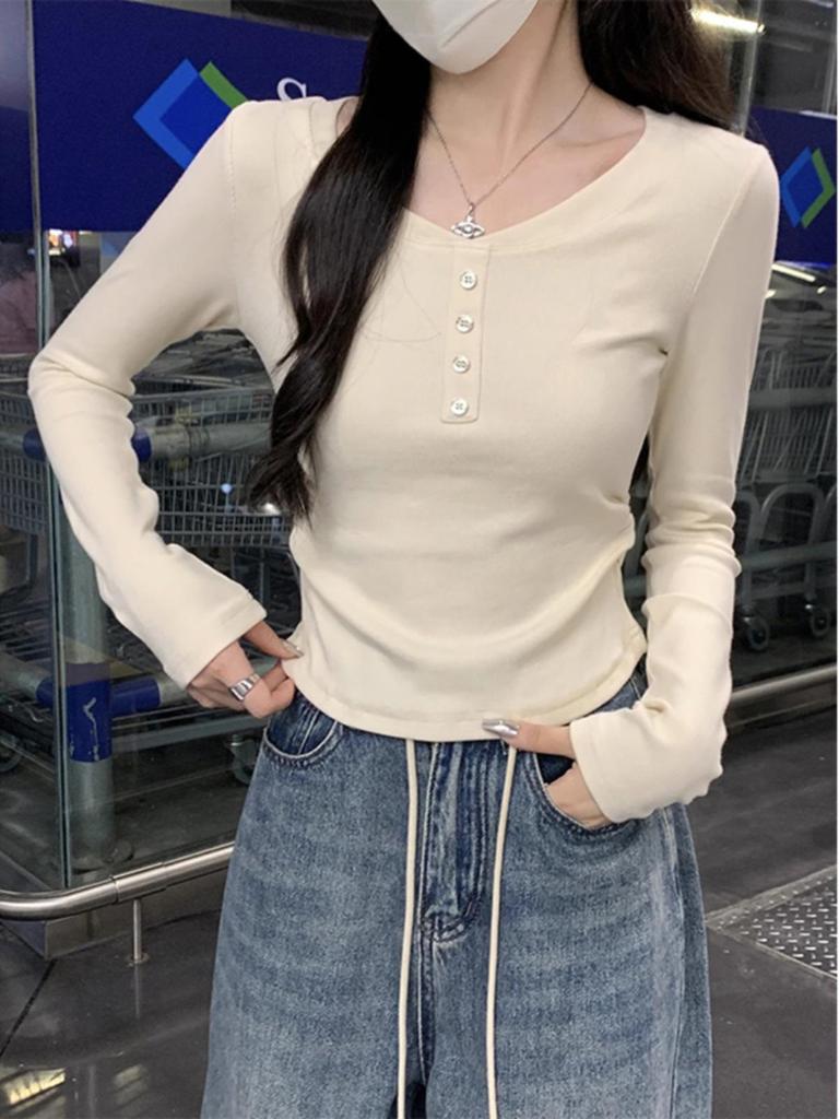 Korean Style Blue Macaron Pleated Waist-Cinching Long-Sleeve Top for Women