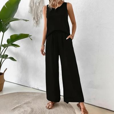 Women Summer 2 Piece Outfits Back Tank Top Sleeveless Hollow And Wide Leg Pants Set Boho