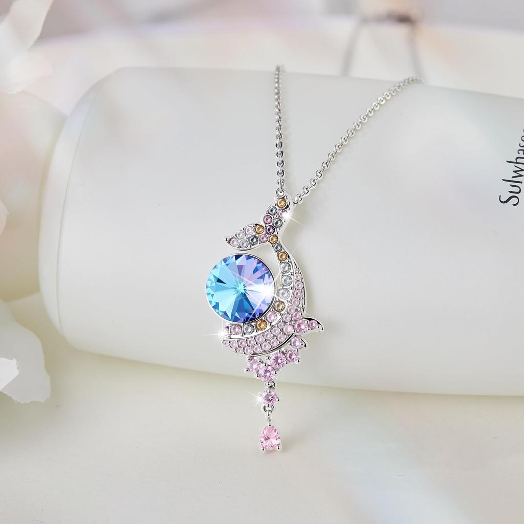 [Richapex] Women's Necklace Pendant Crystal Hypoallergenic Women's Clavicle Chain Accessory Popular Fashion Jewelry Cute Gift Birthstone Pink