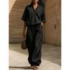 women's Pleated Stand Collar 2 Piece Set Short Sleeve Shirt Wide Leg Pants Casual Summer Outfit