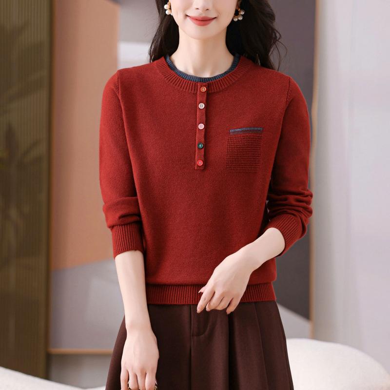 Жіночий в'язаний светр з круглим вирізом, дизайн color block, осінь-зима, новий, елегантний, модний, з довгим рукавом, універсальний топ-пуловер