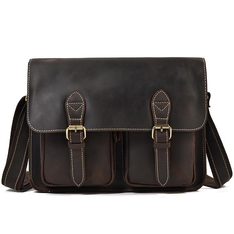 Men's Premium Crazy Horse Leather Crossbody Bag - Genuine Cowhide Shoulder Bag for iPad